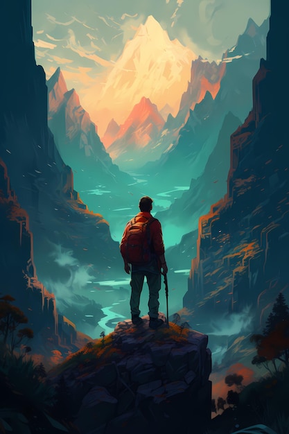 paesaggio al tramonto dell'uomo scalatore in cima alla montagna Generativo ai