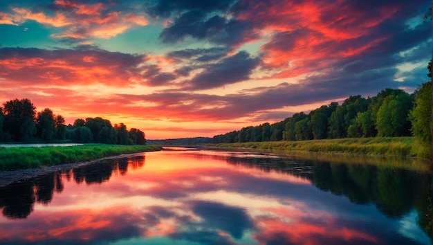 Paesaggio all'alba colorato con il fiume