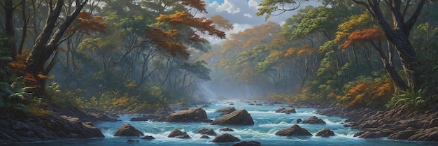 Paesaggio all'aperto pacifico di un fiume con rocce in una foresta autunnale con fogliame vibrante sotto un cielo nuvoloso Generative AI