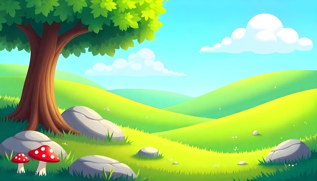 paesaggio allegra illustrazione in stile cartone animato paesaggio vivace in primo piano dettagli grandi rocce con