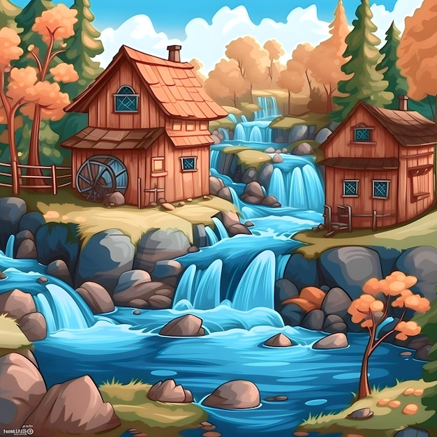 Paesaggio animato sullo sfondo con cascata e casa