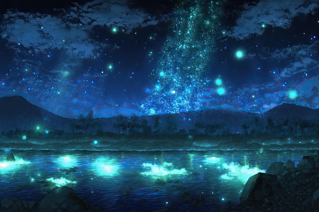 Paesaggio anime con un cielo blu e le stelle