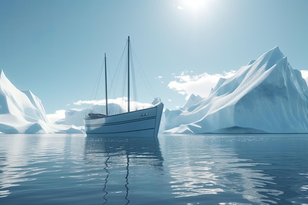 Paesaggio antartico con nave e iceberg La nave che attraversa il mare ghiacciato IA generativa