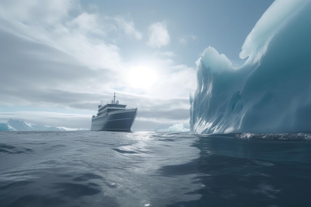 Paesaggio antartico con nave e iceberg nell'oceano La nave che attraversa il mare ghiacciato Acque scure con blocchi di ghiaccio che galleggiano in mare Illustrazione generativa di AI