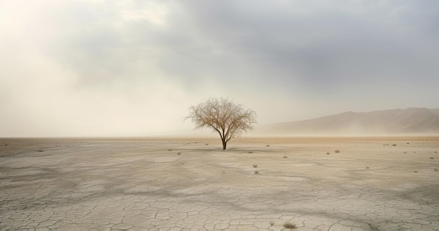 Paesaggio arido e secco con un albero solitario nel mezzo e una sabbia