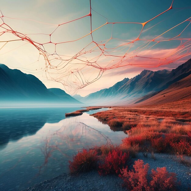 Paesaggio astratto e surreale colorato con alberi, montagna e lago