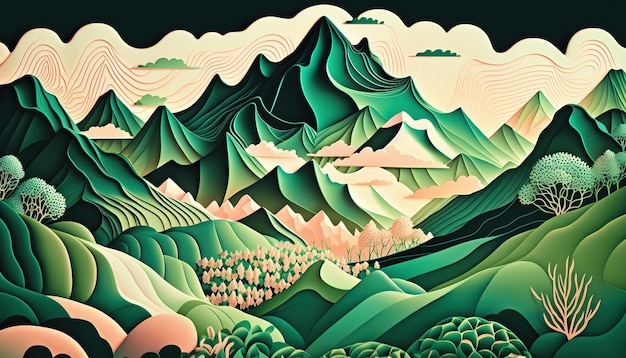 Paesaggio astratto montagna su sfondo verde In stile giapponese minimalista orientale tradizionale AI
