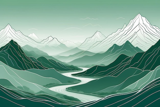 Paesaggio astratto montagna su sfondo verde Line art design carta da parati con colline in linea d'onda bianca Vista panoramica disegnata a mano delle montagne adatta per la copertina banner decorazione poster
