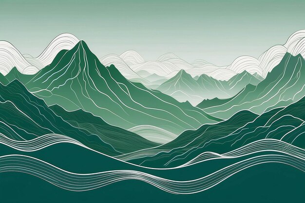 Paesaggio astratto montagna su sfondo verde Line art wallpaper design con colline in linea d'onda bianca Vista panoramica disegnata a mano delle montagne adatta per la copertina banner decorazione poster