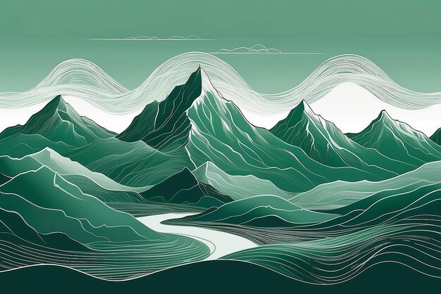 Paesaggio astratto montagna su sfondo verde Line art wallpaper design con colline in linea d'onda bianca Vista panoramica disegnata a mano delle montagne adatta per la copertina banner decorazione poster