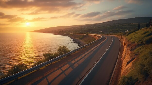 Paesaggio autostradale al tramonto Bella vista della strada sul mare