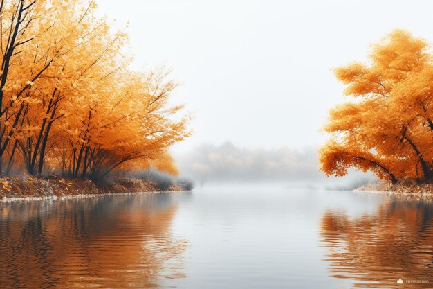 Paesaggio autunnale Alberi gialli sulla riva del lago