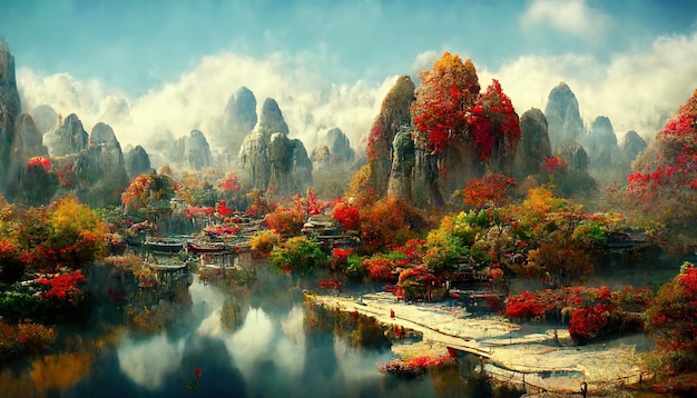 Paesaggio autunnale cinese con alberi e montagne maestose Illustrazione 3D dello sfondo della stagione