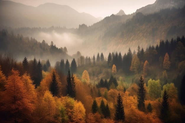 Paesaggio autunnale con alberi di montagna e nebbia AI Generato