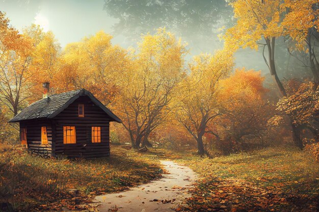 Paesaggio autunnale con alberi e fogliame giallo a terra una piccola casa in legno in una radura e un percorso illustrazione 3D