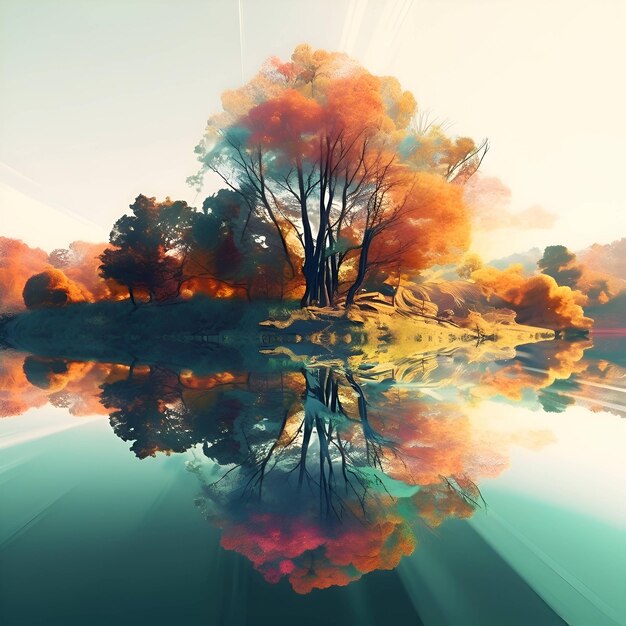 Paesaggio autunnale con alberi e riflesso nell'acqua 3d render