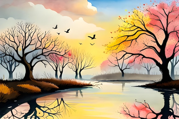 Paesaggio autunnale con alberi, lago e uccelli Illustrazione vettoriale Pittura stagionale generativa ai