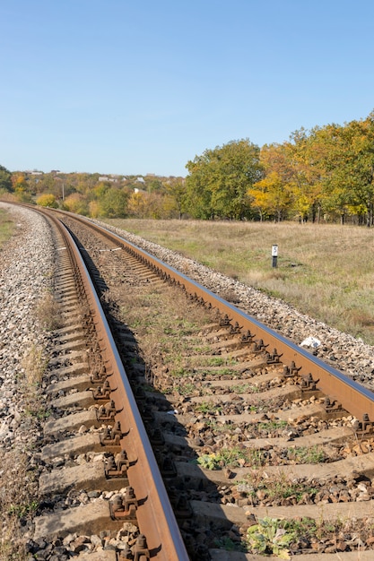 Paesaggio autunnale con ferrovia e quercia