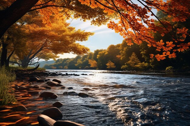 Paesaggio autunnale con fiume e alberi gialli al tramonto