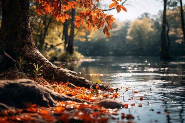 Paesaggio autunnale con fiume e alberi gialli al tramonto