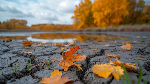 Paesaggio autunnale con foglie dorate su terra secca fratturata contro un fogliame autunnale vibrante e tranquillo