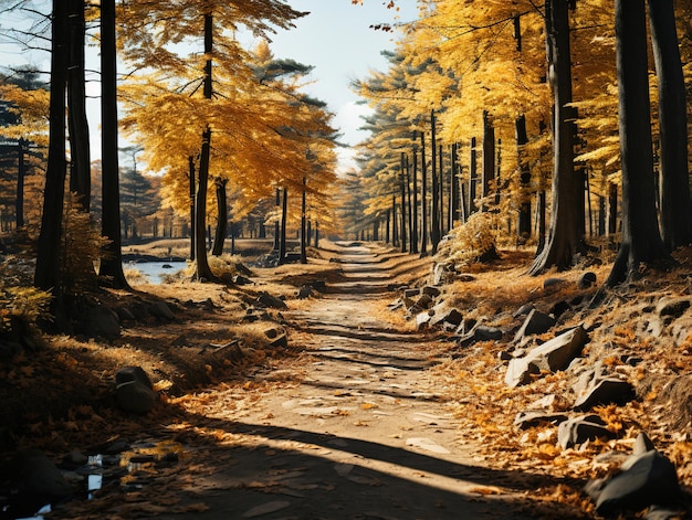 Paesaggio autunnale con foglie rosse e gialle IA generativa