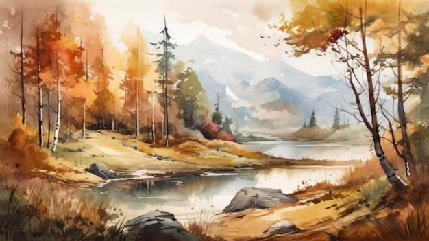 Paesaggio autunnale con foreste di montagne e un lago in acquerello