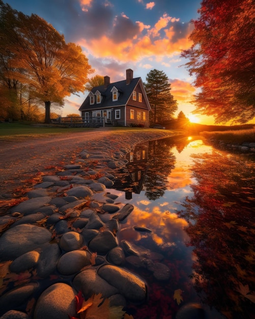 Paesaggio autunnale con lago e casa in campagna al tramonto