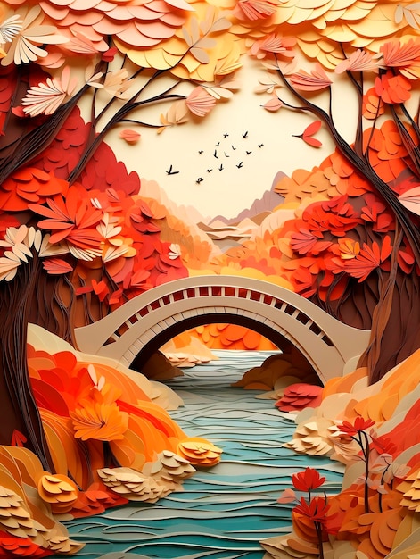 Paesaggio autunnale con ponte e fiume Illustrazione vettoriale in stile taglio carta