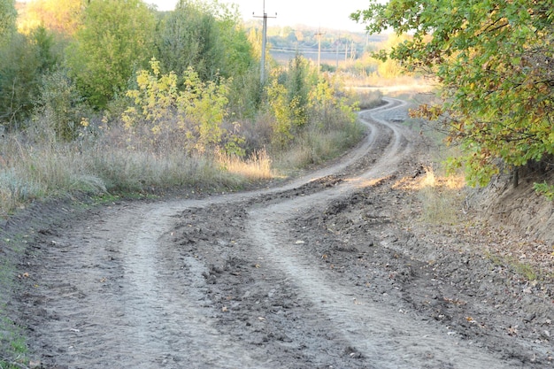 Paesaggio autunnale con strada a curve e tracce del battistrada di grandi ruote di macchine agricole