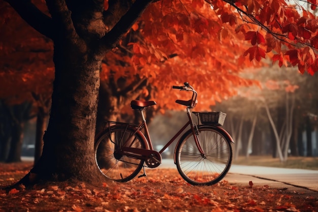 Paesaggio autunnale della città Bicicletta nel parco sotto il fogliame arancione