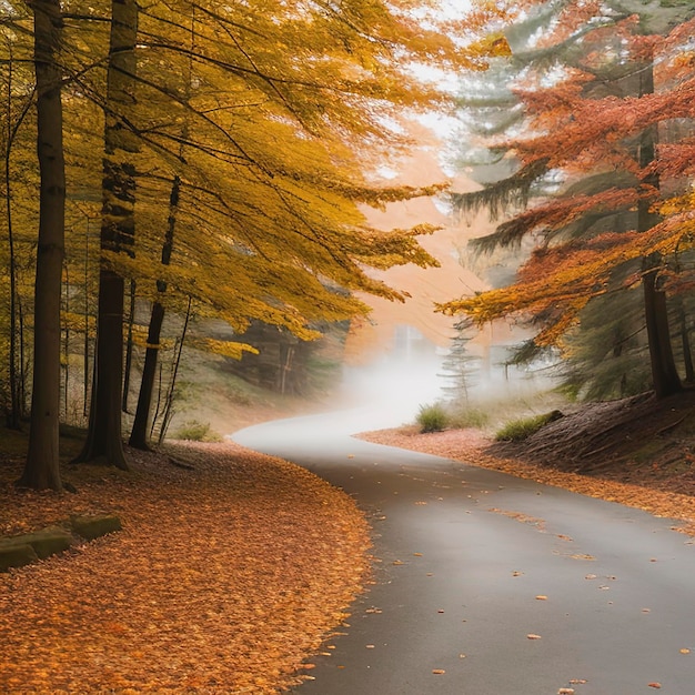 Paesaggio autunnale della natura Ponte del lago nella foresta autunnale Cammino nel bosco d'oro Scena d'immagine romantica Piscina magica del tramonto nebbioso Parco di foglie di alberi di colore rosso