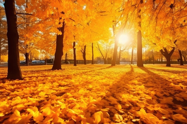 Paesaggio autunnale dorato con alberi gialli e sole