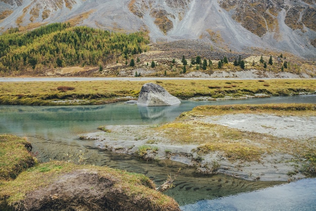 Paesaggio autunnale dorato con grande pietra nel torrente di montagna con vista sulla collina della foresta. Bellissimo grande masso nel flusso di acque turchesi in autunno. Fondale sabbioso verde ondulato in acqua trasparente.