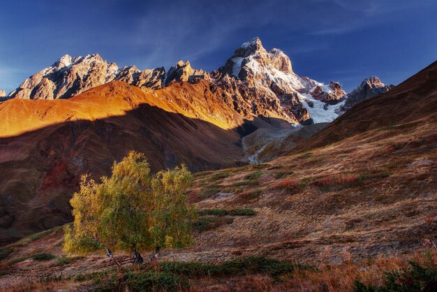 Paesaggio autunnale e cime innevate.