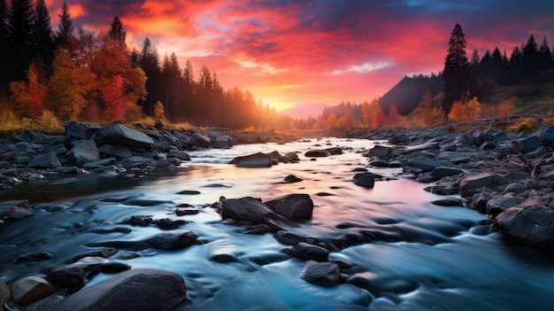 paesaggio autunnale foresta nebbiosa e fiume