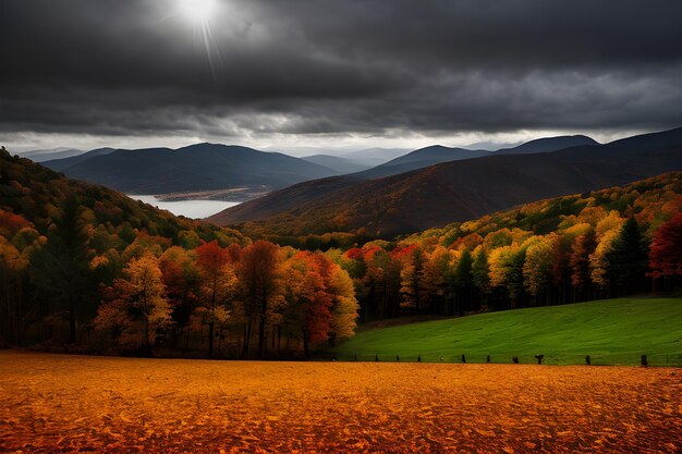 paesaggio autunnale illuminazione drammatica cielo blu e bianco nuvoloso fotografia professionale