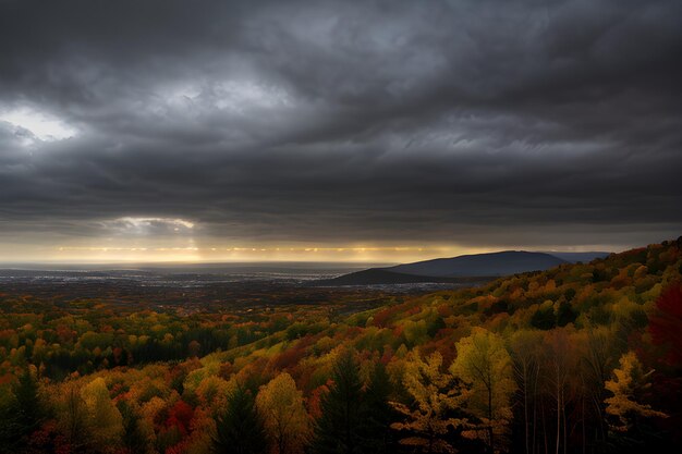 paesaggio autunnale illuminazione drammatica cielo blu e bianco nuvoloso fotografia professionale