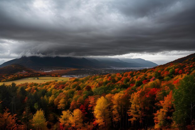 paesaggio autunnale illuminazione drammatica cielo blu e bianco nuvoloso fotografia professionale