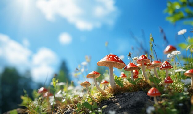 Paesaggio autunnale in cielo blu e soleggiato con Flyagaricred fly agaric fungus su erba verde con