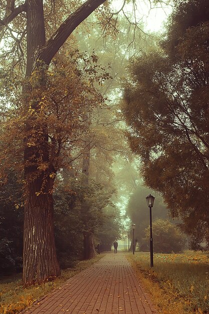 paesaggio autunnale mattina nella nebbia / vicolo nel parco cittadino, paesaggio nebbioso in città, alberi in città