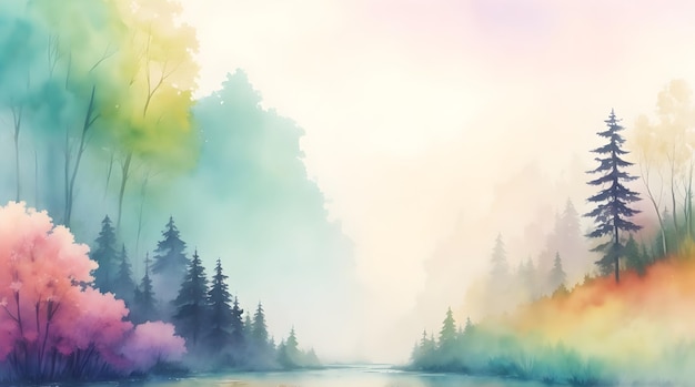 Paesaggio autunnale nebbioso con foreste e montagne colorate Pittura d'arte digitale