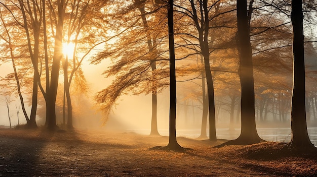 Paesaggio autunnale nella foresta i raggi del sole sfondano la nebbia al mattino l'alba nella natura selvaggia