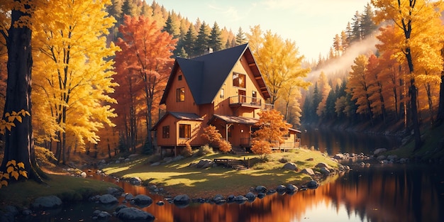 Paesaggio autunnale una casa nella foresta vicino al fiume