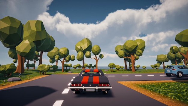 Paesaggio basso poli con auto su strada e un ambiente naturale sullo sfondo rendering 3d