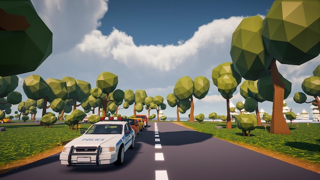 Paesaggio basso poli con auto su strada e un ambiente naturale sullo sfondo rendering 3d