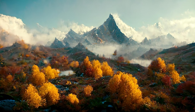 Paesaggio belle montagne nebbiose autunnali Alberi gialli sulla collina in colori autunnali