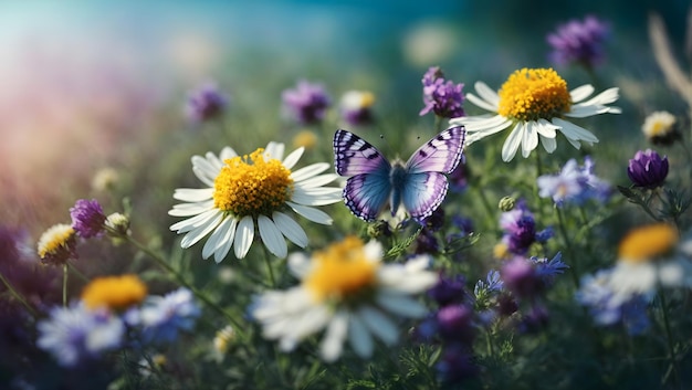 Paesaggio Bellissimi fiori selvatici camomilla viola piselli selvatici farfalla