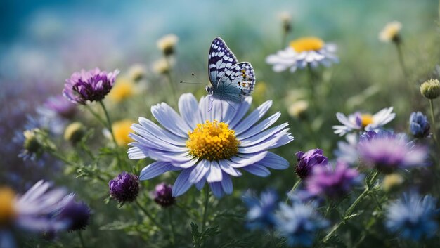 Paesaggio Bellissimi fiori selvatici camomilla viola piselli selvatici farfalla