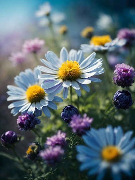 Paesaggio Bellissimi fiori selvatici camomilla viola piselli selvatici farfalla